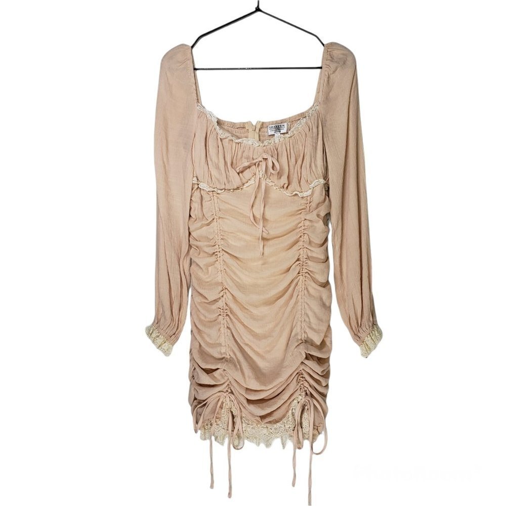 Shareen Collections Ruched‎ Bodycon Mini Dress Lace 12 Puff Sleeve Peach